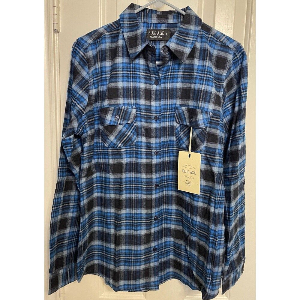 NWT Blue Age Jeans USA Womens Flannel Shirt Size L Button Down Plaid Navy/Grey